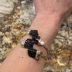 SOLD Black Tourmaline and gold metal adjustable cuff Bracelet